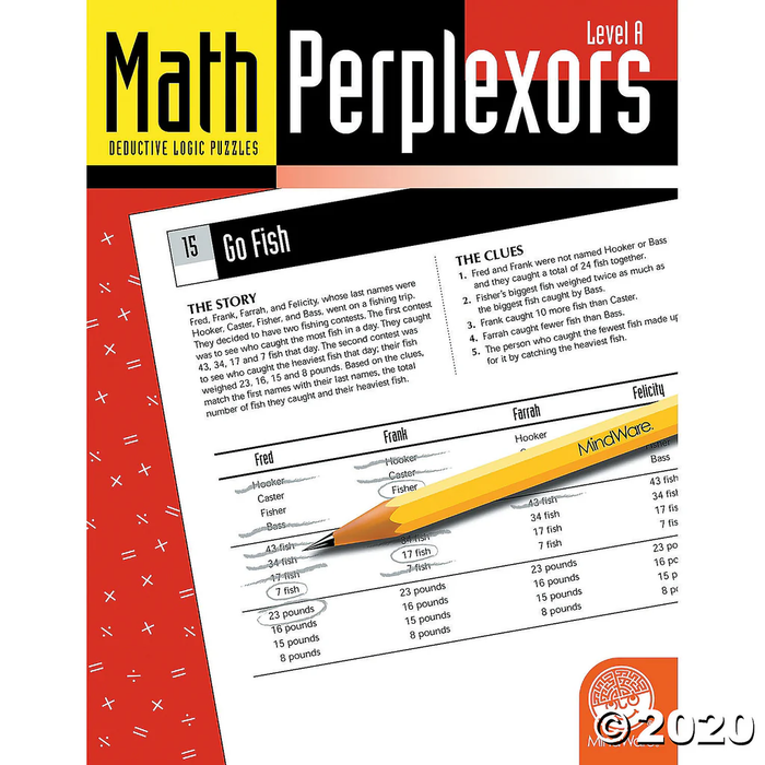 Math Perplexors cover featuring a logic puzzle grid and yellow pencil on a red background with white math symbols.