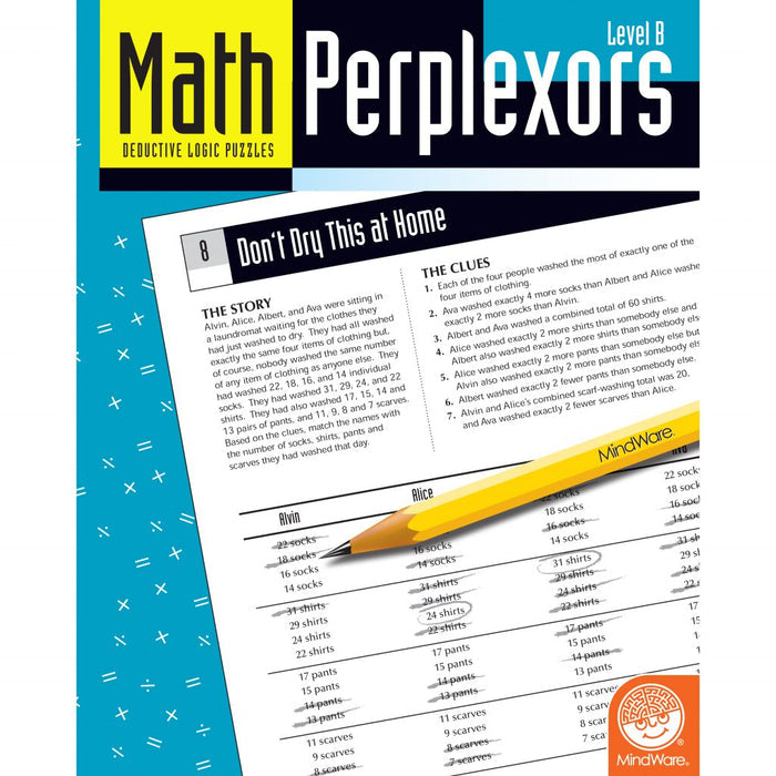 Blue logic puzzle book cover and open page featuring a deductive reasoning grid, clues, and a yellow pencil.
