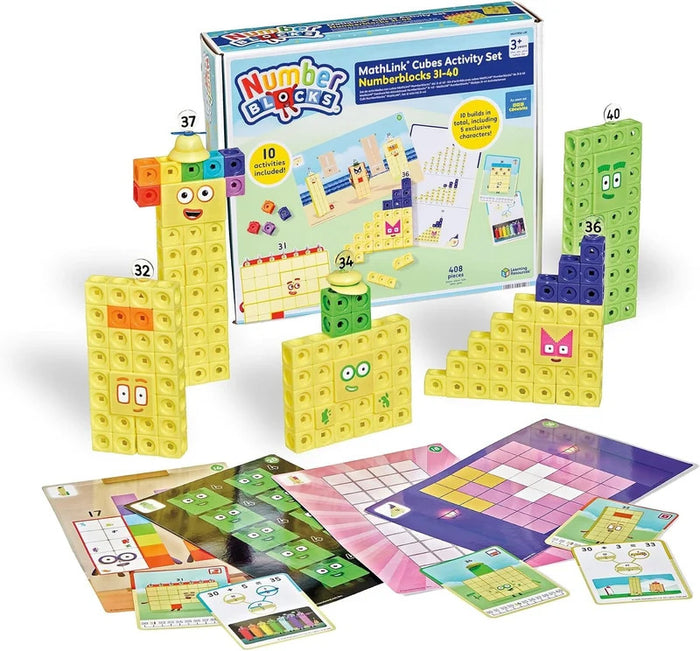 Numberblocks MathLink Cubes set featuring built characters 31-40, colorful blocks, activity cards, and product packaging.