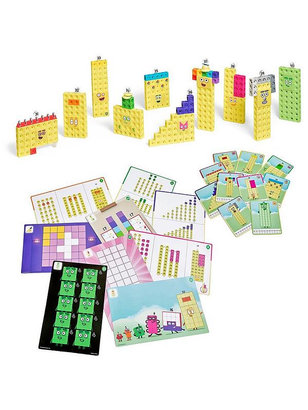 Yellow Numberblock cube figures 31 to 40 with assorted colorful math activity cards and learning sheets.