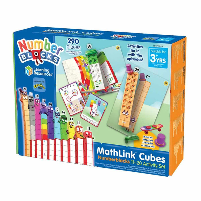 Blue box showing colorful interlocking cube characters, activity cards, and accessories for ages 3 and up.