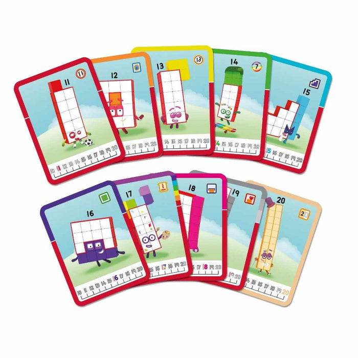Ten colorful activity cards showing Numberblocks characters 11-20 with their cube shapes and a number line.