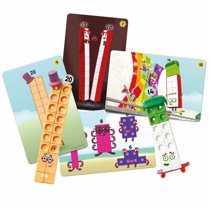 Numberblocks characters 14 and 20 built from colorful stacking cubes displayed with illustrated activity cards.