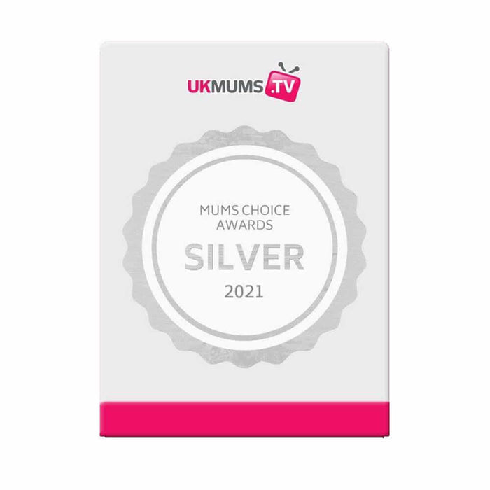 White award card featuring a silver 2021 UKMUMS.TV Mums Choice Awards seal and a pink bottom stripe.