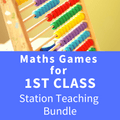 Angled wooden abacus with colorful beads above a blue banner with white text for first class maths games bundle.