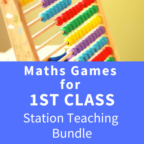 Angled wooden abacus with colorful beads above a blue banner with white text for first class maths games bundle.