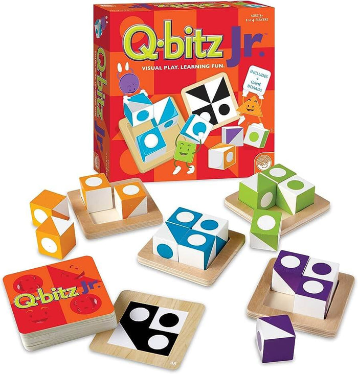 Red Q-bitz Jr. game box with colorful patterned cubes on small wooden trays and matching pattern cards.
