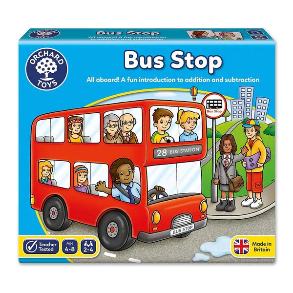 Blue box for Orchard Toys Bus Stop game, featuring a red double-decker bus with cartoon characters and driver.