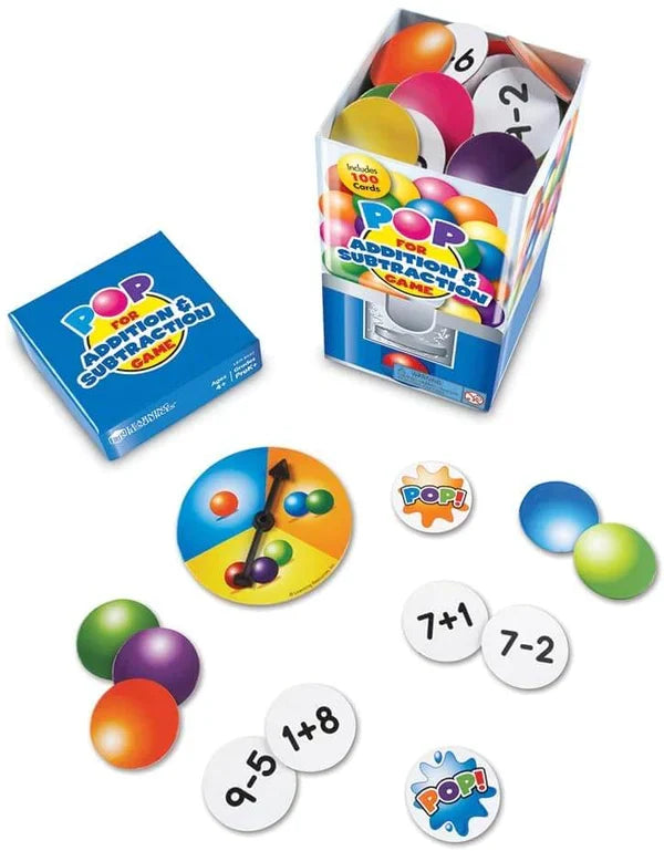Addition and subtraction game with blue box, gumball machine container, spinner, and circular math problem cards.