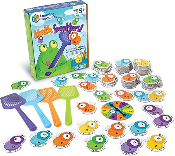 Frog-themed math game box with four colorful swatters, a spinner, and numbered fly-shaped cards spread out.