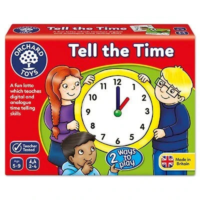 Orchard Toys Tell the Time red game box featuring three children holding a large yellow clock face showing one o'clock.
