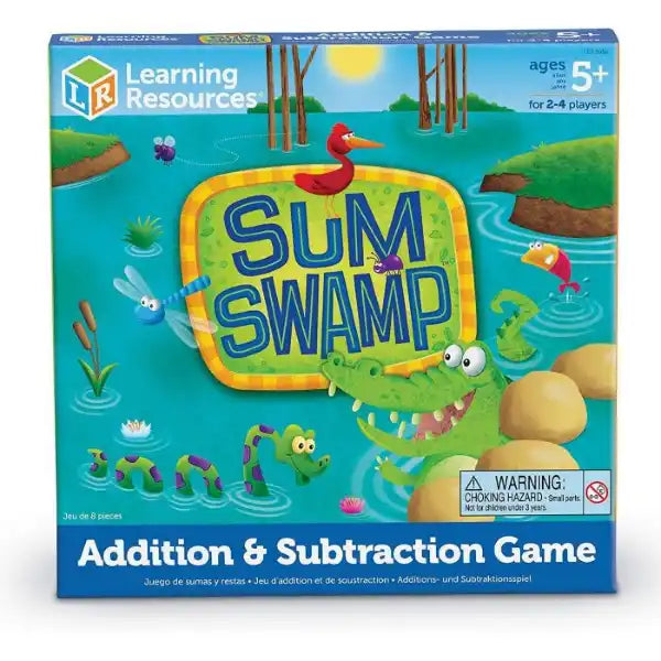 Square Sum Swamp game box featuring a green alligator, red bird, and blue dragonfly in a bright wetland scene.
