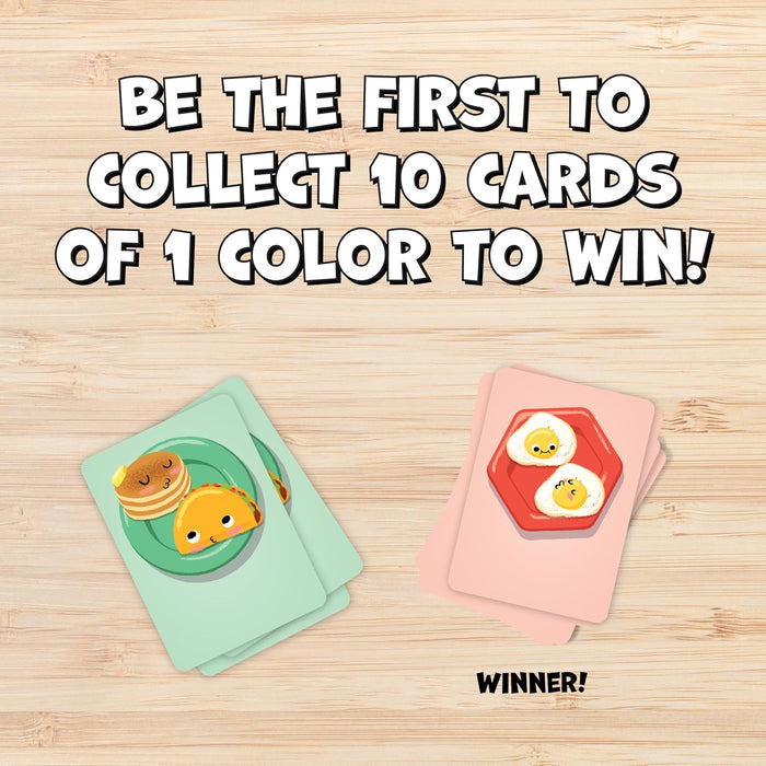 BE THE FIRST TO COLLECT 10 CARDS OF 1 COLOR TO WIN!" text over green and pink food cards on a light wood surface.