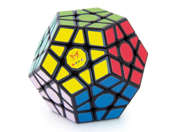 Black dodecahedron puzzle with colorful stickers in yellow, red, and blue on a plain white background.