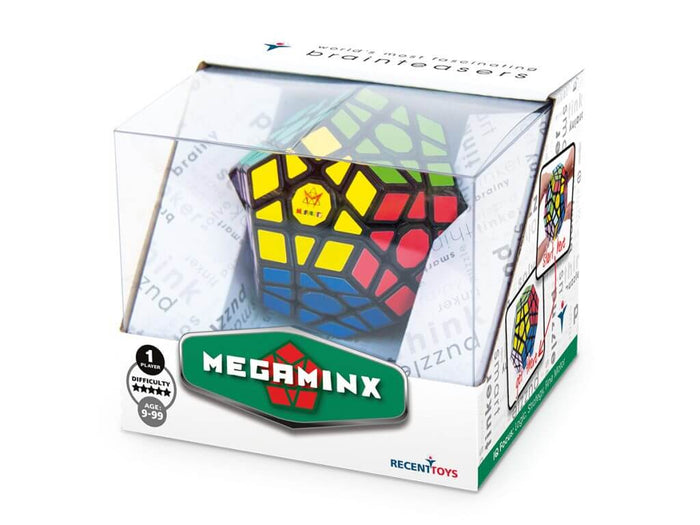 Dodecahedron-shaped puzzle with multi-colored faces in its clear box with a 5-star difficulty rating.