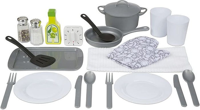 22-piece toy kitchen set with grey cookware, white plates, utensils, play olive oil, timer, and patterned oven mitt.