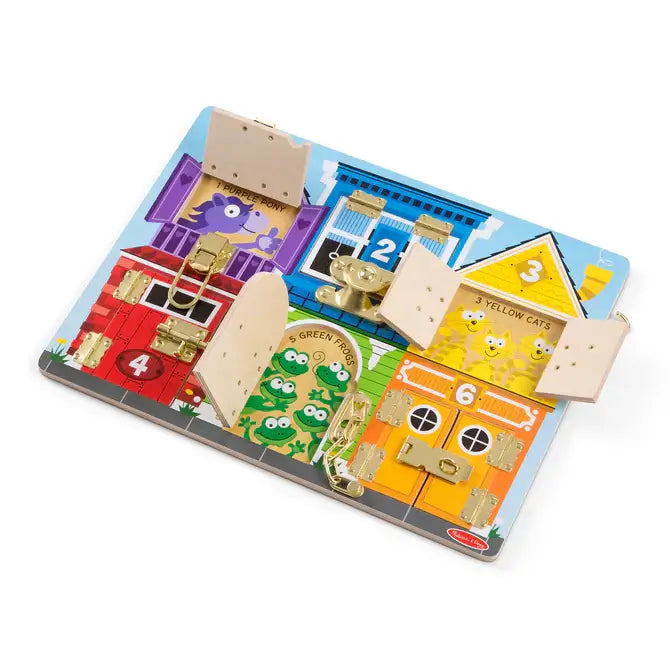 Colorful wooden board with metal latches on numbered doors revealing a purple pony, yellow cats, and green frogs.