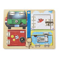 Wooden activity board featuring four colorful doors with unique metal latches, a combination lock, and a silver key.