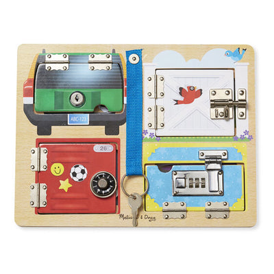 Wooden activity board featuring four colorful doors with unique metal latches, a combination lock, and a silver key.