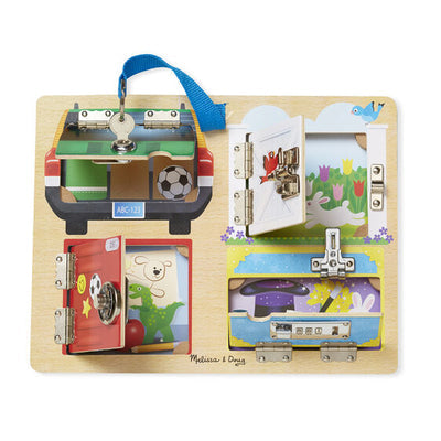 Wooden board with four colorful doors featuring unique metal latches that open to reveal hidden illustrations.