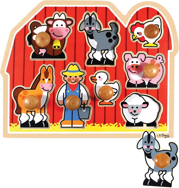 Barn-shaped wooden puzzle with colorful farm animal and farmer pieces featuring large easy-grasp wooden peg handles.