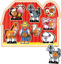 Barn-shaped wooden puzzle with colorful farm animal and farmer pieces featuring large easy-grasp wooden peg handles.