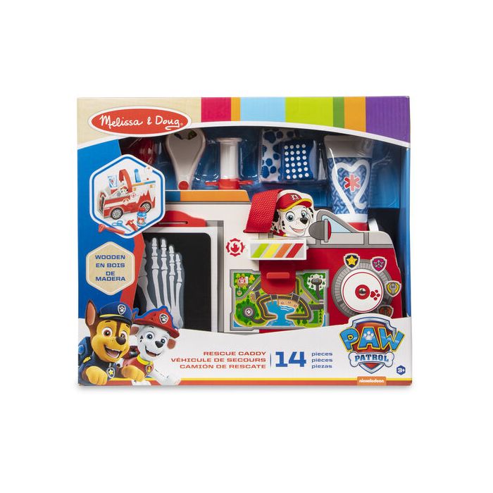 14-piece wooden medical toy kit in a colorful PAW Patrol box with pup characters and a red rescue truck caddy.