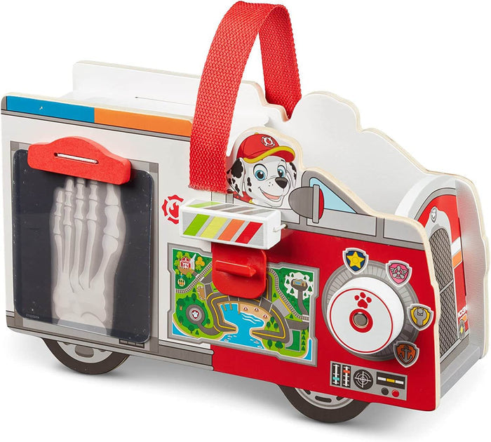 Red and white wooden toy truck caddy with Marshall, a red fabric handle, x-ray screen, and map decals.