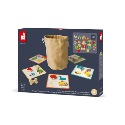 Box for a wooden touch game featuring a burlap sack, colorful shaped pieces, and matching illustrated boards.