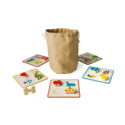 Burlap bag with five game boards and assorted wooden shape cutouts like a heart, apple, and whale.