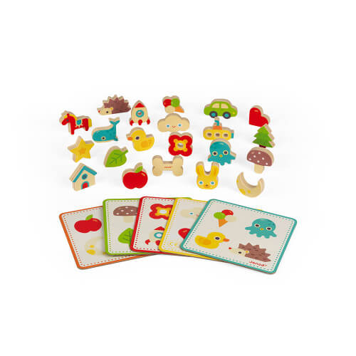 Colorful wooden toy shapes including animals and vehicles shown with five illustrated matching cards.