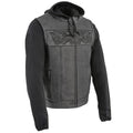 Men’s Black Leather Vest with Reflective Skulls & Full Hoodie Liner