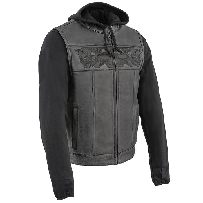 Men’s Black Leather Vest with Reflective Skulls & Full Hoodie Liner
