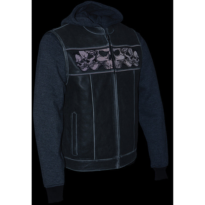 Men’s Black Leather Vest with Reflective Skulls & Full Hoodie Liner