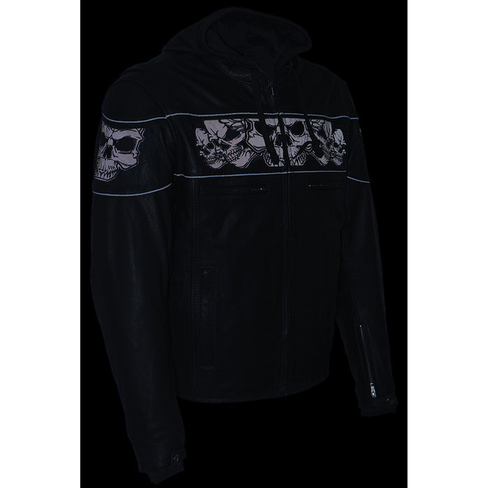 Men’s Crossover Scooter Jacket w/ Reflective Skulls & Full Sleeve Removable Hoodie Black