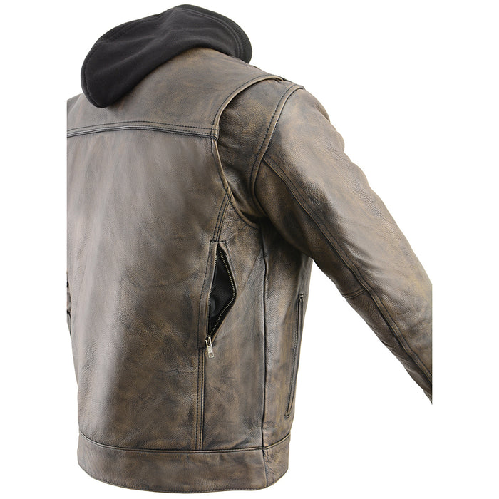 Men’s Distressed Brown Leather Utility Pocket Vented Jacket w/ Full Sleeve with Hoodie