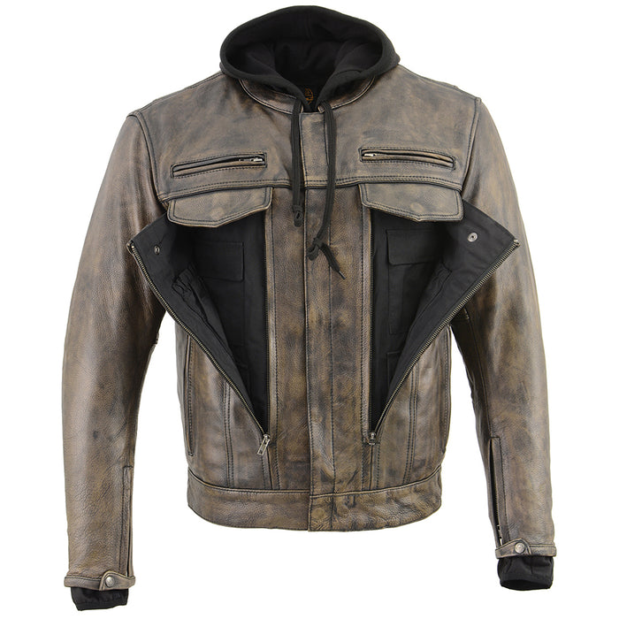 Men’s Distressed Brown Leather Utility Pocket Vented Jacket w/ Full Sleeve with Hoodie