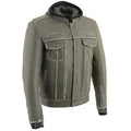 Men’s Distressed Grey Leather Utility Pocket Vented Jacket w/ Full Sleeve with Hoodie