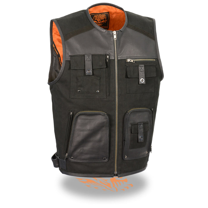 Men’s Leather & Canvas Zipper Front Super Utility Multi Pocket Vest