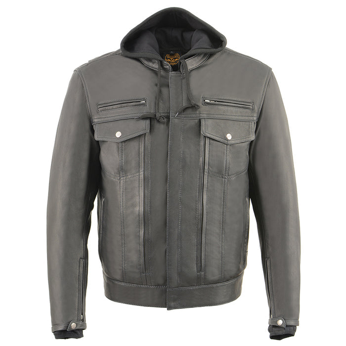 Men’s Leather Utility Pocket Vented Jacket w/ Full Sleeve Removable Hoodie