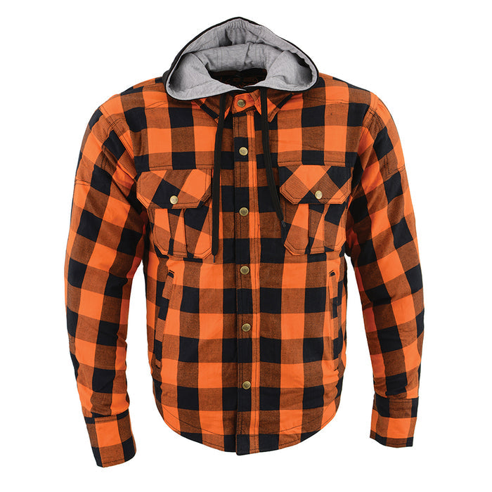 Men’s Orange & Black Armored Flannel Biker Shirt w/ Reinforced Fibers