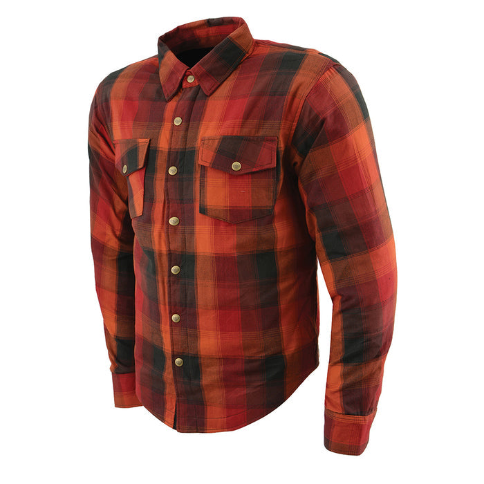 Men’s Red & Orange Armored Flannel Biker Shirt w/ Reinforced Fibers