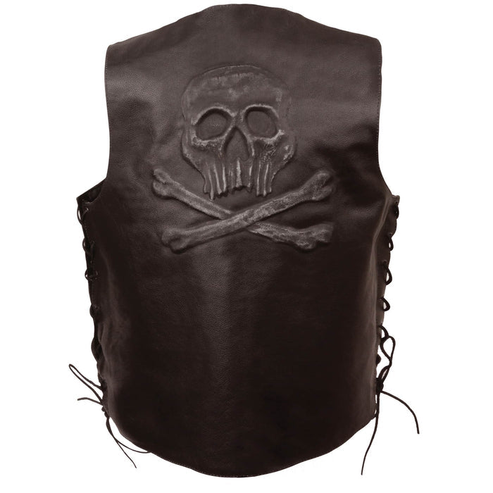 Men’s Side Lace Leather Vest w/ Skull & Cross Bones