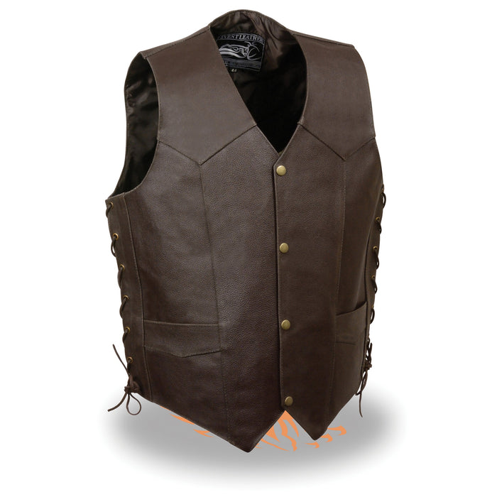 Men’s Side Lace Leather Vest w/ Skull & Cross Bones