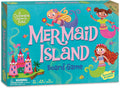 Teal box for Mermaid Island board game featuring three colorful mermaids, a pink castle, and bold pink lettering.