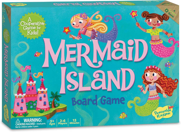 Teal box for Mermaid Island board game featuring three colorful mermaids, a pink castle, and bold pink lettering.