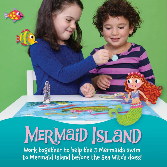 Two children play a mermaid-themed board game with colorful sea character tokens on a vibrant green backdrop.
