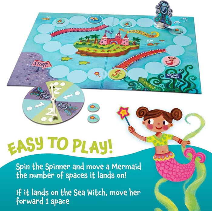 Colorful mermaid board game featuring an island map, a spinner, game tokens, and a cartoon mermaid illustration.