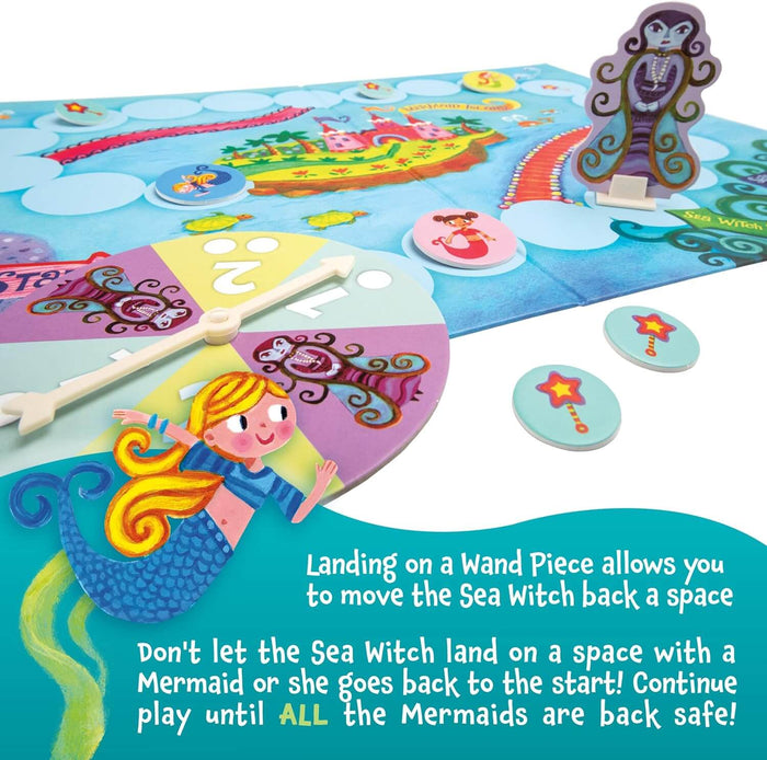 Mermaid board game with colorful spinner, island game board, mermaid tokens, and a purple sea witch standing figure.