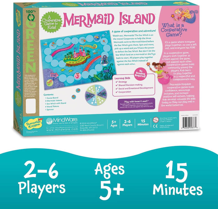 Back of a colorful box showing an illustrated board, spinner, and stats: 2-6 players, ages 5+, and 15-minute playtime.